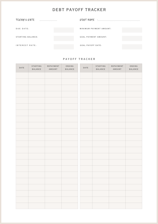 Beige & White Minimalist Debt Payment Tracker