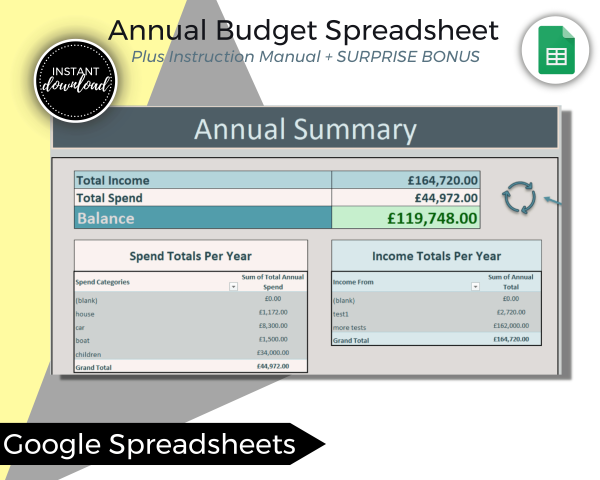 Annual Budget Spreadsheet - For Google Sheets